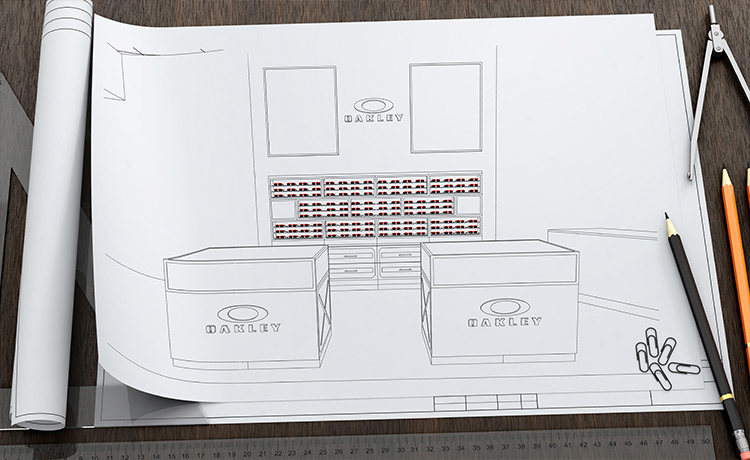 Technical floor plan drawing of a retail store layout with merchandising and fixture placement details.