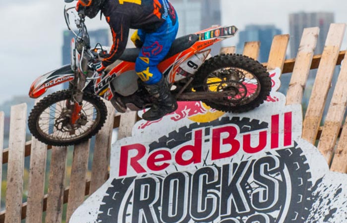 Red Bull Rocks event display featuring a cyclist jumping, showcasing 54blue’s event signage and branding solutions.