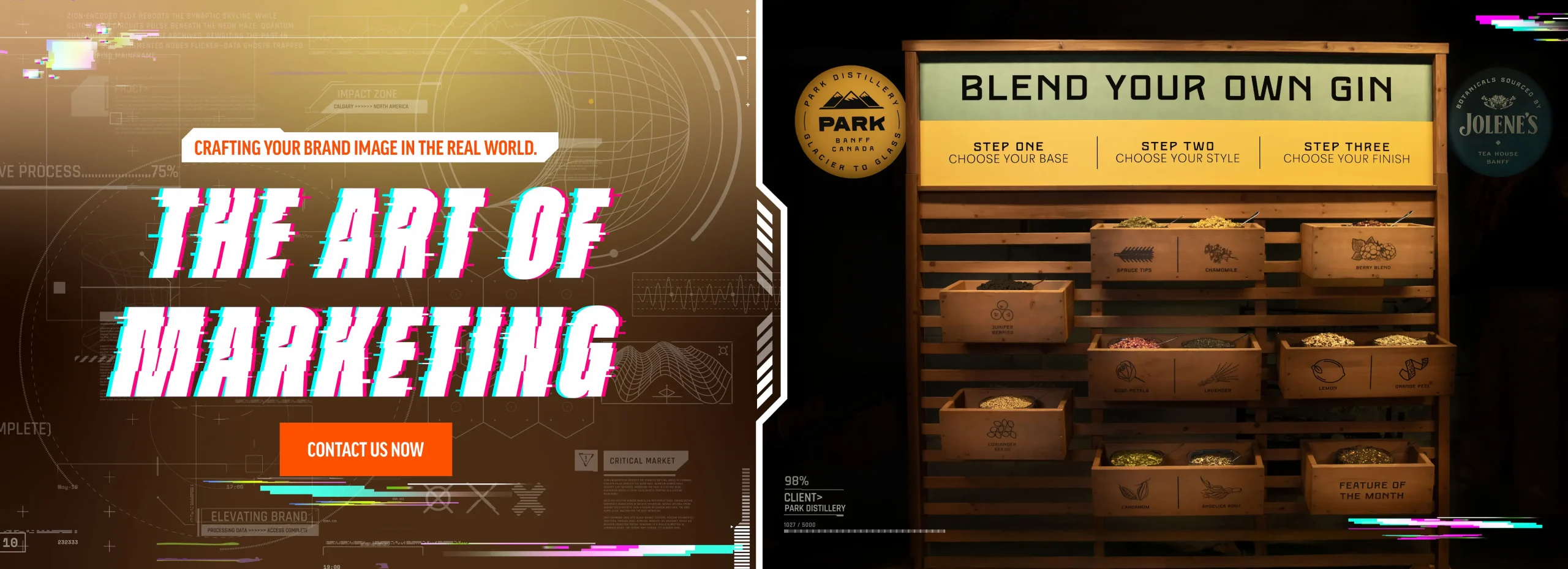Large stage event with circular platform, bright lighting, and audience in a dark theater, overlaid with glitch-style typography reading “Creative That Connects” and “Elevate Your Brand. Inspire Action.”